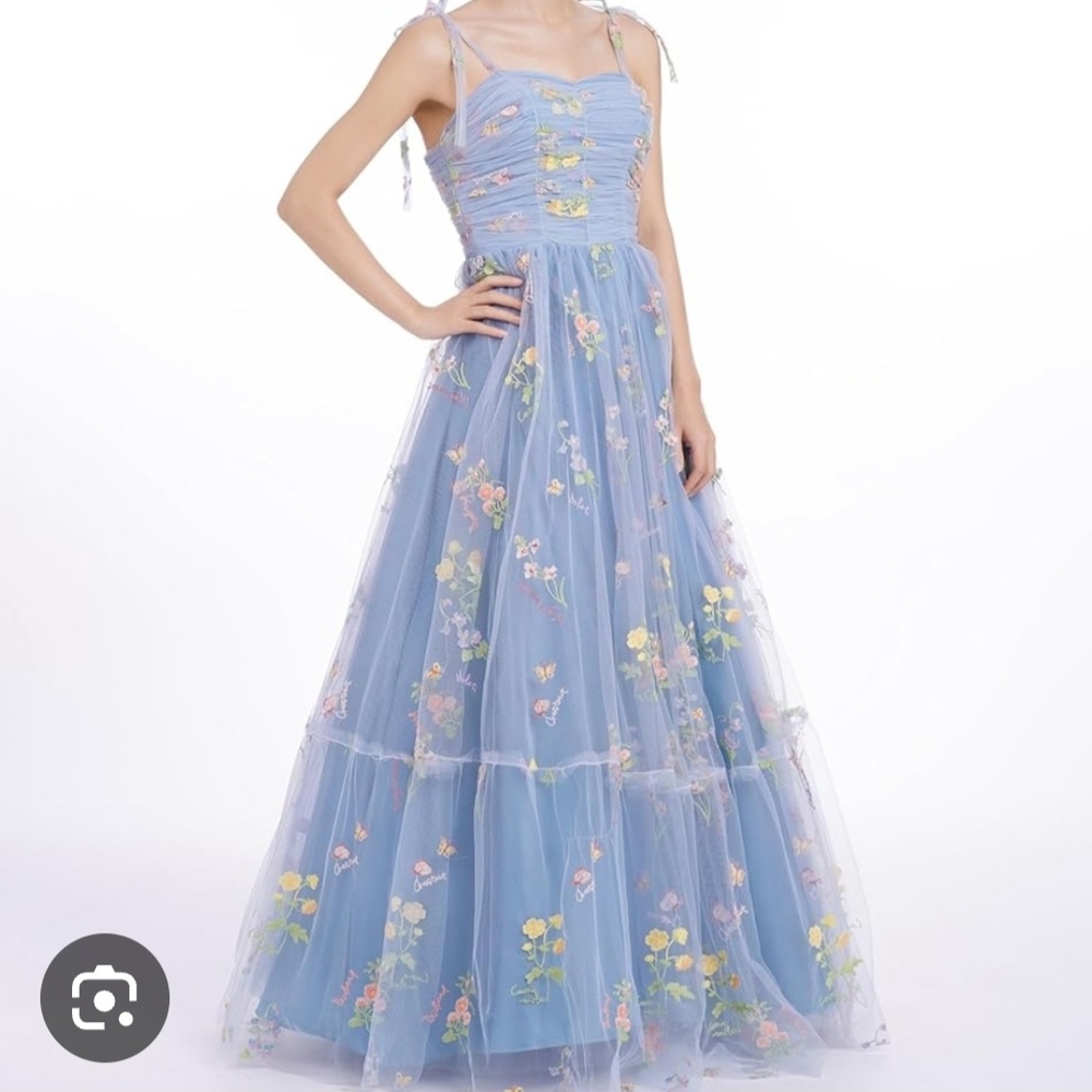 Blue Floral Embroidered Tulle Evening Gown